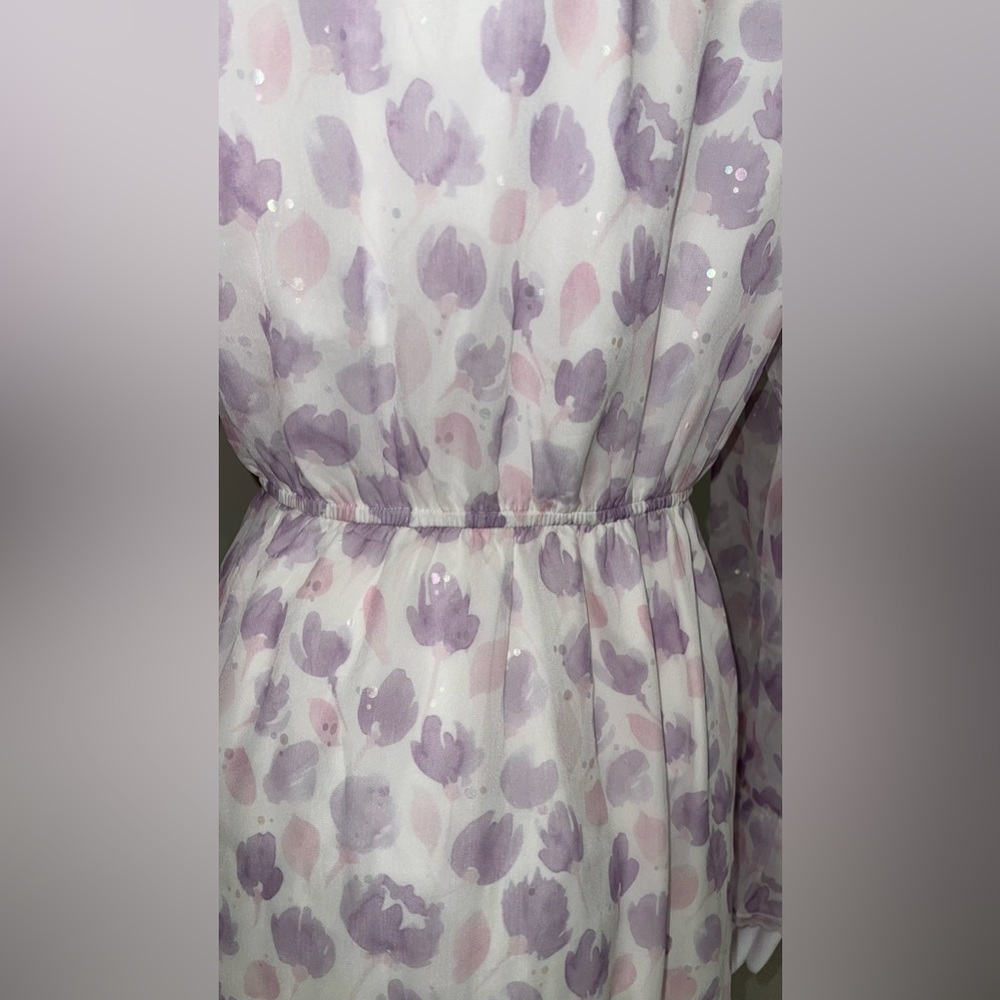 NWT Bow Tie Neck Floral Print Button Front Ruffle Hem A-line Dress Lilac Size S - Picture 16 of 16